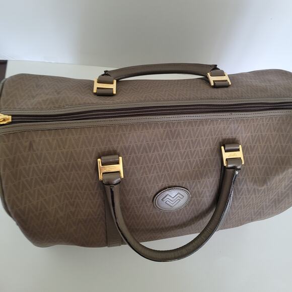 Mario Valentino Vintage Duffle Boston Tote Bag Handbag Large Travel Brown Logo - Picture 5 of 16